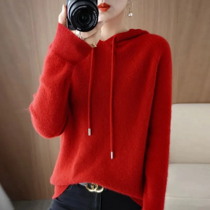 2025年秋冬新作 プルオーバーセーター レディースファッション ミドル丈 フード付き スリムニットコート 女性用カジュアルオーバーコート レディーストップス
