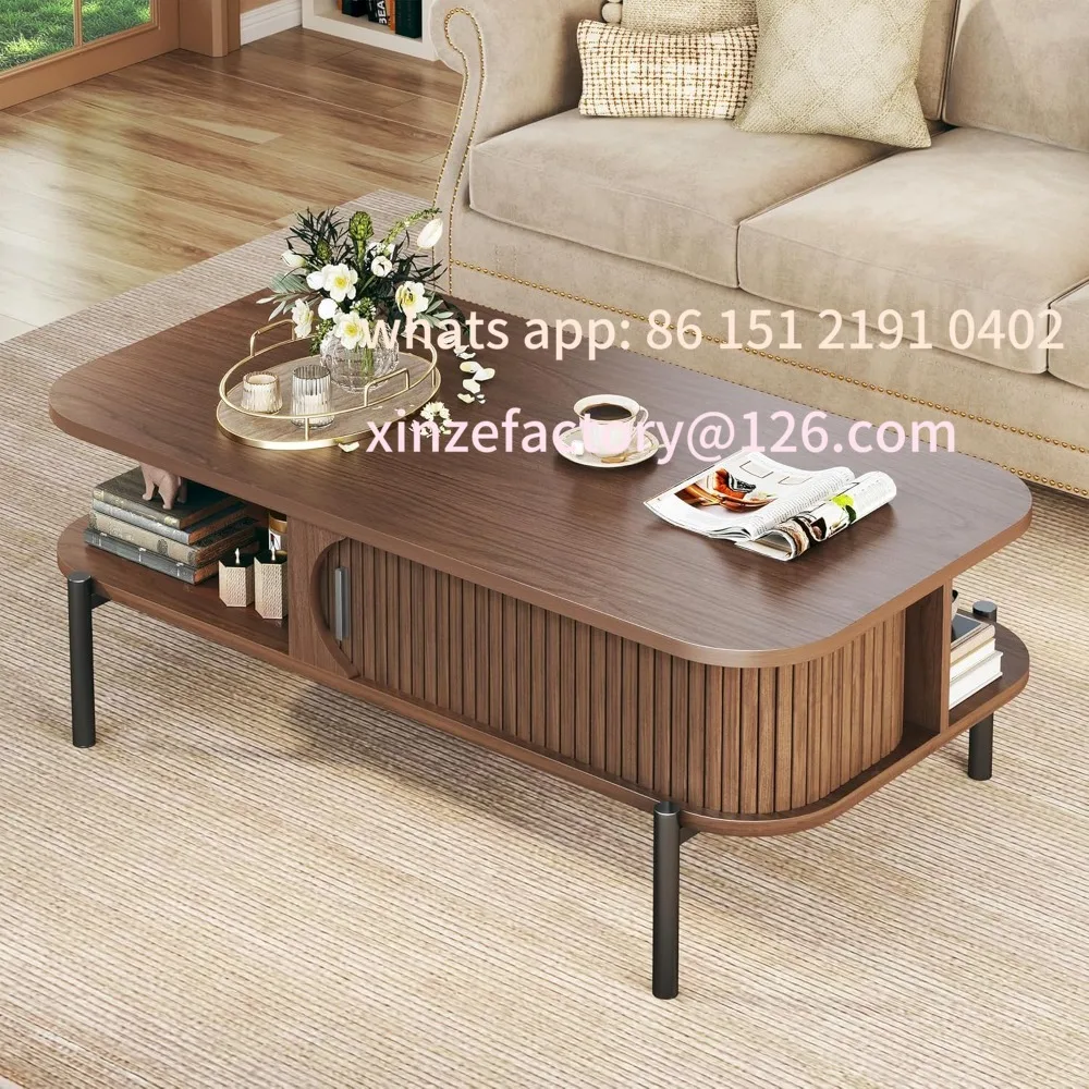 Customizable Coffee Table,  Mid Century Modern , Coffee Table with Storage Open Shelf, Fluted Table with Sliding Cabinet Door
