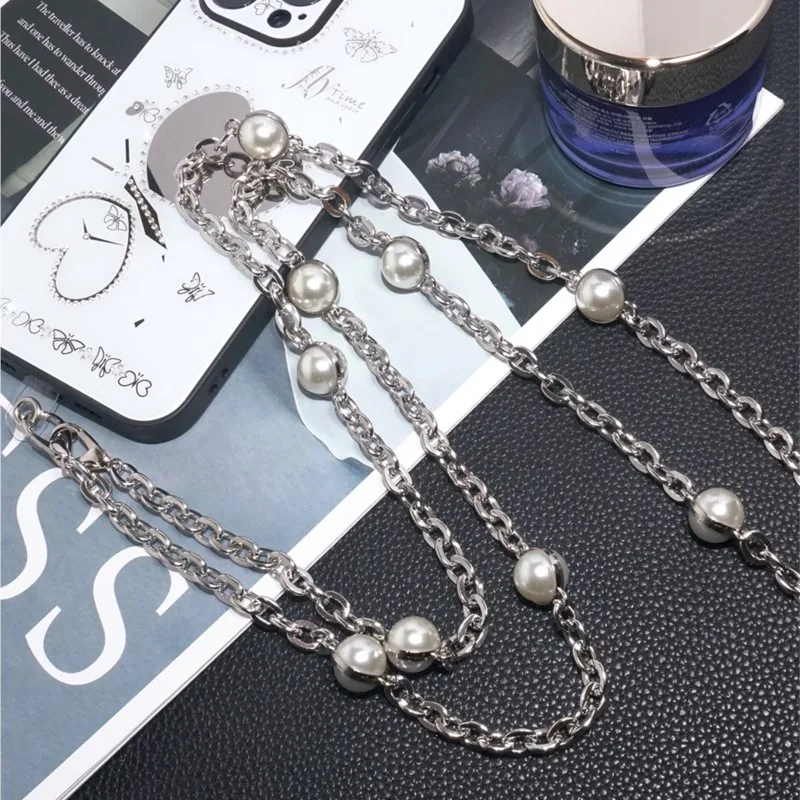 Long Crossbody Lanyard Sparkling Metal Pearl Handmade Beaded Chain Mobile Phone Lanyard Neck Strap Anti Loss Strap For iphone