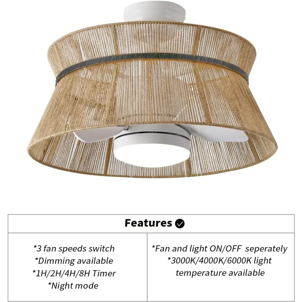 مروحة سقف ذكية بوهو من الكتان قابلة للانعكاس ، حامل شبه دافق ، قفص أسطوانة ، جهاز تحكم عن بعد ، مروحة سقف ، ليد ، 24 بوصة ، 18 وات