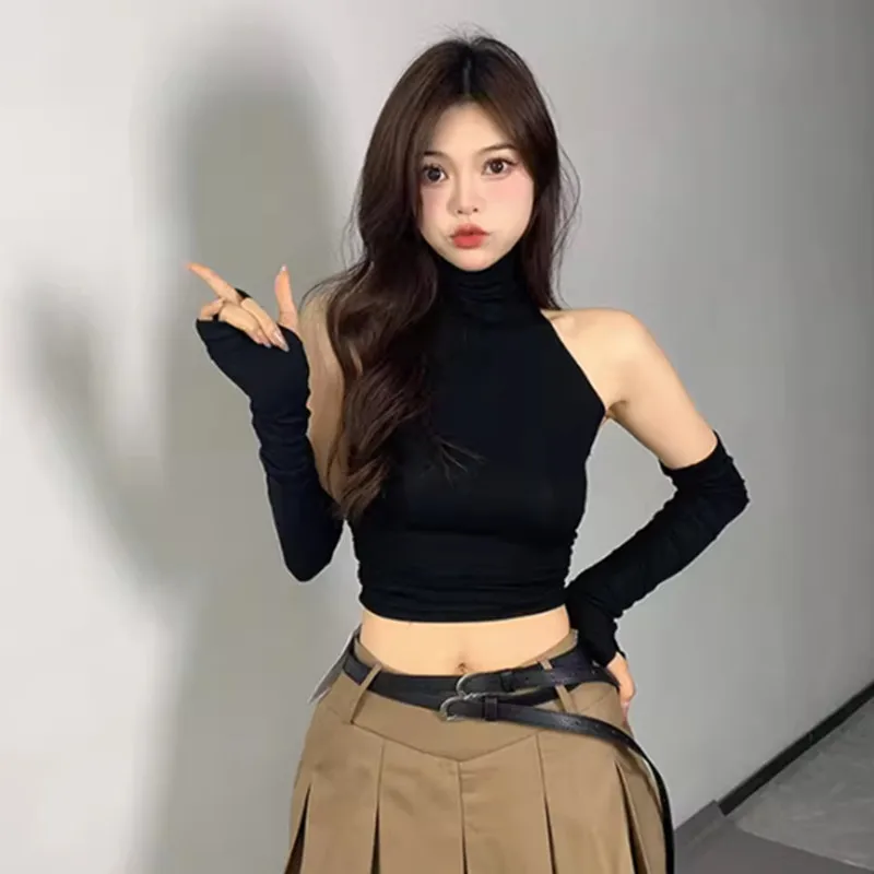 セクシーでスパイシーなショートノースリーブトップ、ハイカラー、プリーツデザイン、袖カバー付き、長袖、スリムフィット、肩出しベースシャツ