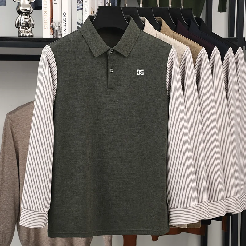 Herbst Neues Herren-Polohemd mit Kontrastfarben-Print, Falsches Zweiteiler-Design, Weiches Langarm-T-Shirt für den Alltag, Lässige Herrenbekleidung – Detail 3