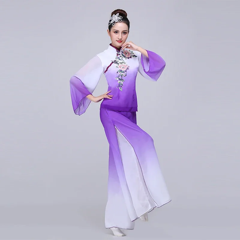 

Classical Dance Costume Female Elegant Chinese Fan Dance National Costume Vintage Umbrella Yangko Clothing for Stage Shows