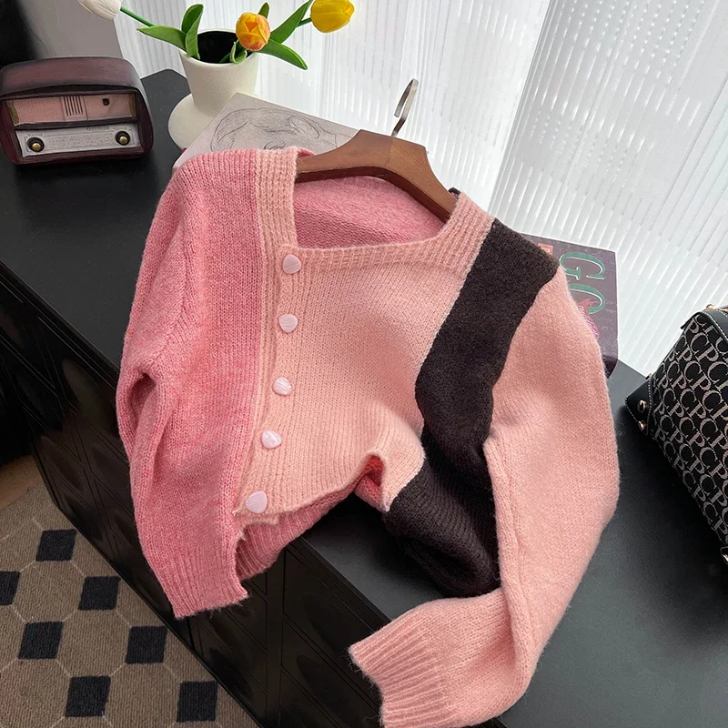 Spliced Knitted Sweater Women Autumn Long Sleeve Single Breasted Square Neck Casual Fashion French Knit Cardigan