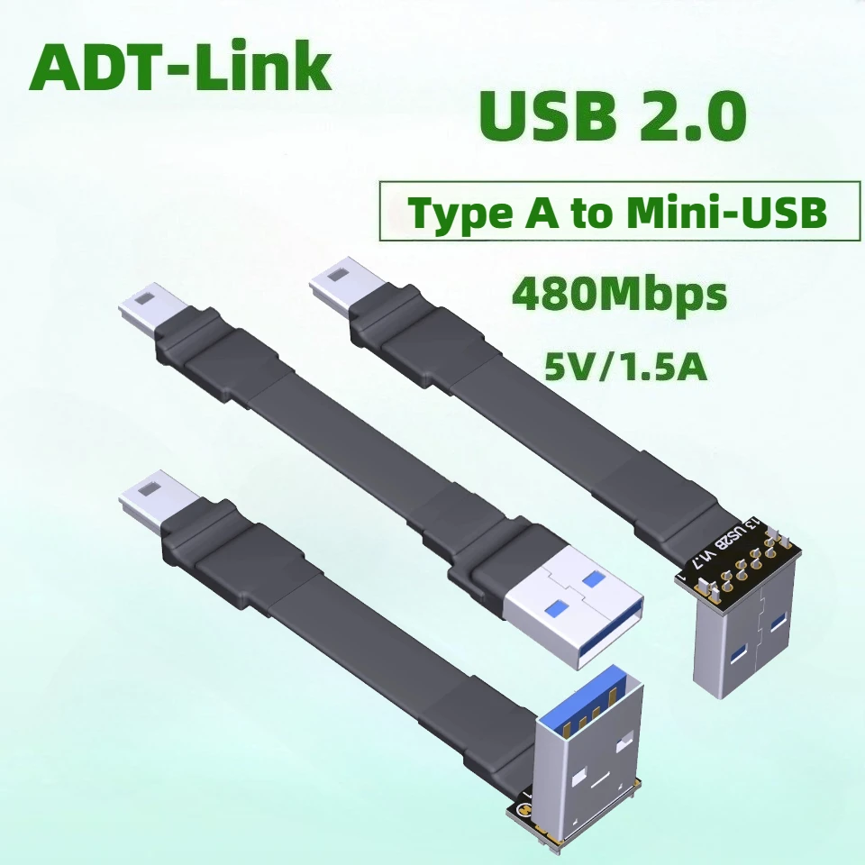 ADT-Link USB 2.0 Type A Male UP Down Angle 90 Degree to Mini-USB Male FPV FPC Wire USB-A Mini-B Flat Ribbon Cable 0.1m/0.2m/0.5m