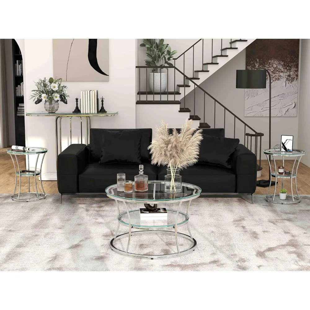 Modern 2-Tier Glass Coffee Table with Shelf, Tempered Glass and Chrome Frame for Living Room, Silver Centerpiece