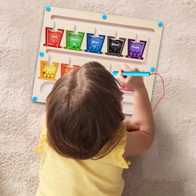 Wooden Magnetic Maze Board Wooden Magnetic Color Sorting Maze Board Hand-Eye Coordination Educational Color Sorting Toys For Age