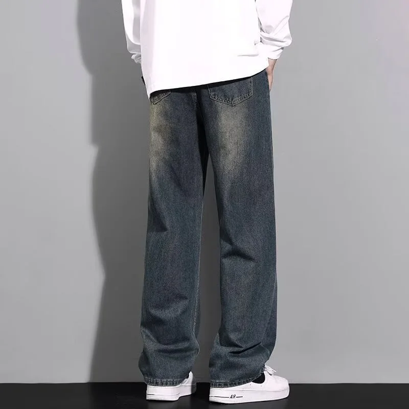American Style Vintage Fashion Men Loose Fit Straight Wide Leg Simple Basic Daily Casual Denim Trousers Male Streetwear Jeans