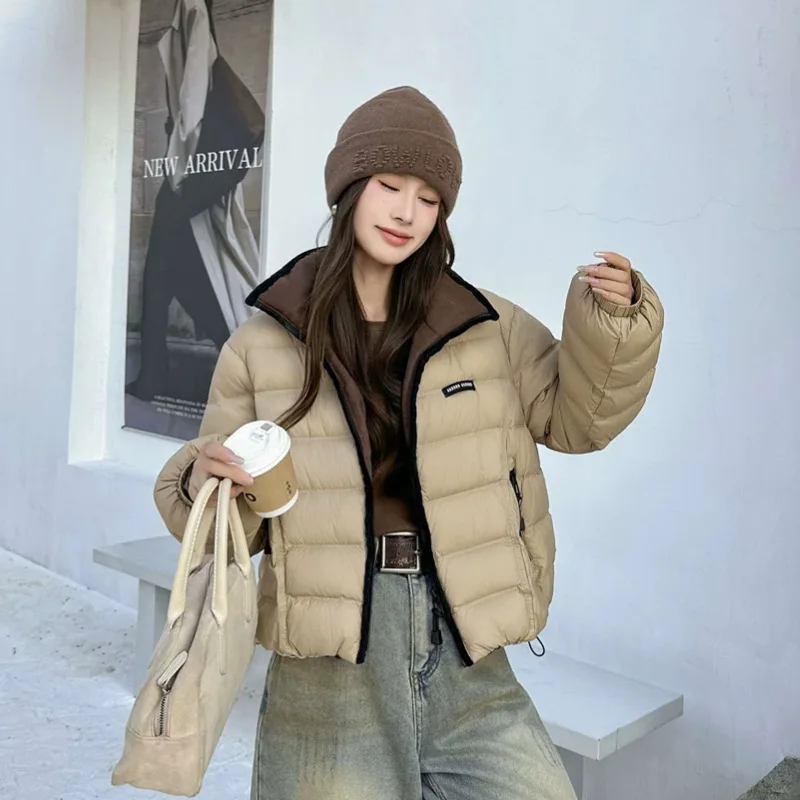 Winter White Duck Down Fluffy Zipper Outwears Women Stand Collar Color Blocking Down Jacket Female Thick Warm Cold Proof Jacket
