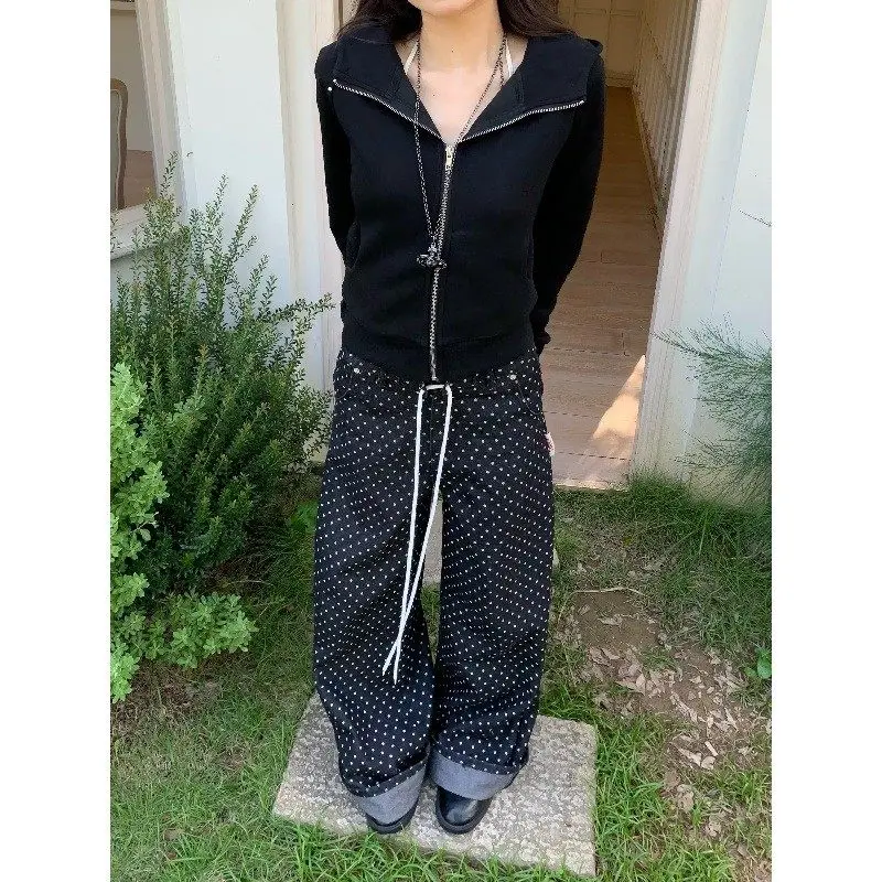 

Американские свободные джинсы с принтом в горошек, широкие брюки для женщин, повседневные универсальные свободные длинные брюки, модные танцевальные брюки