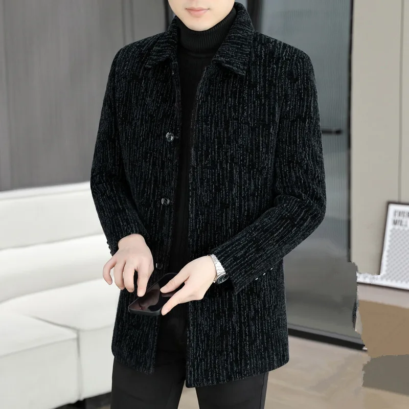 High-quality fashionable and stylish multi-purpose trendy casual winter mid-length cashmere striped fleece coat