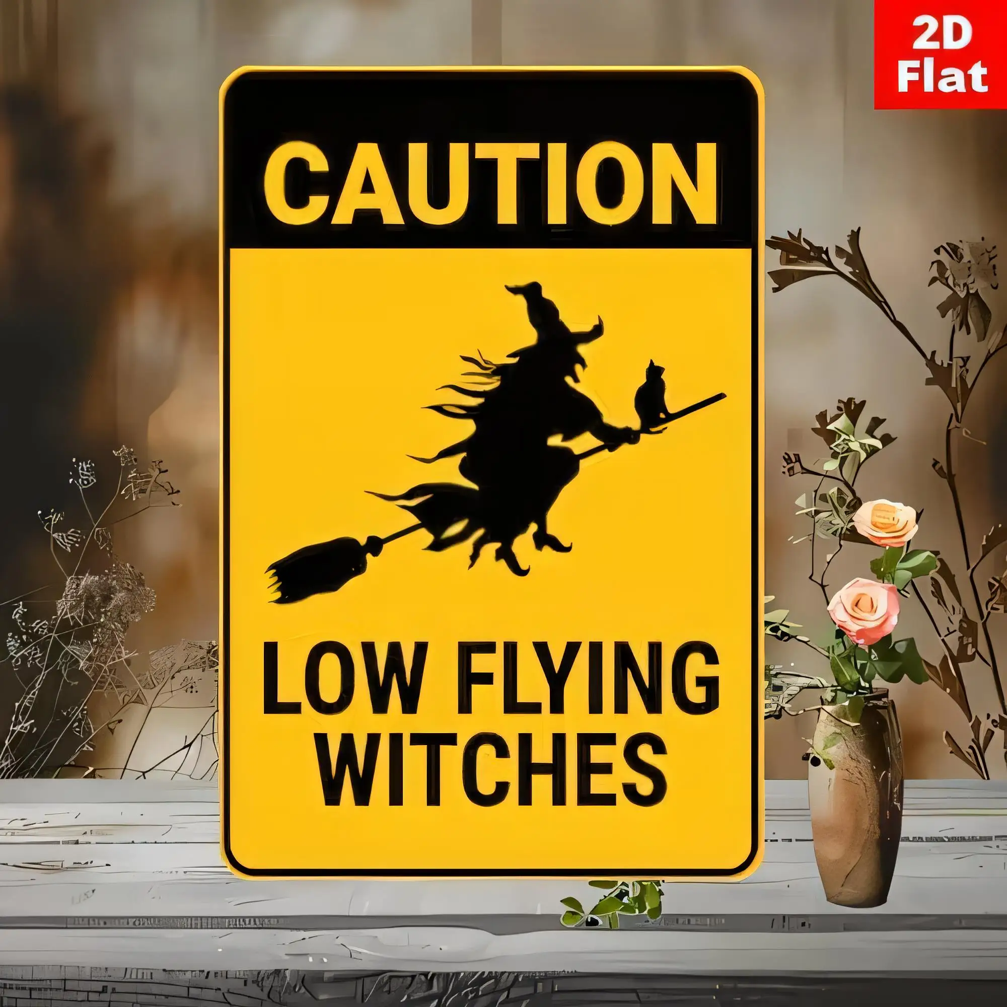 Tin Sign Low Flying Witches Funny Halloween Warning Plaque 2D Flat Metal Poster for Wall Decor Vintage Cottage Witchcraft Party