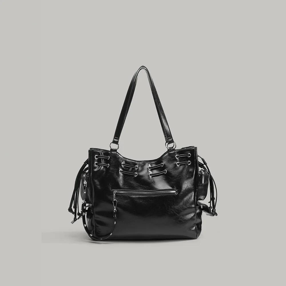 Y2K Hot Girl Single Shoulder Bag Vintage Crossbody Tote Bags Retro PU Leather Motorcycle Bag Large Capacity Multi Pocket Handbag