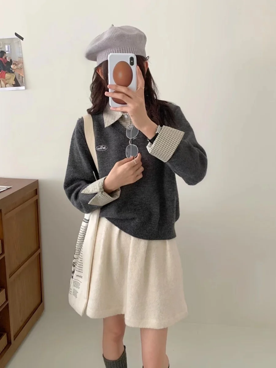 College sle malha ne camisola bordada gola irt falso de duas peças etiqueta redonda versão coreana longo sve inverno