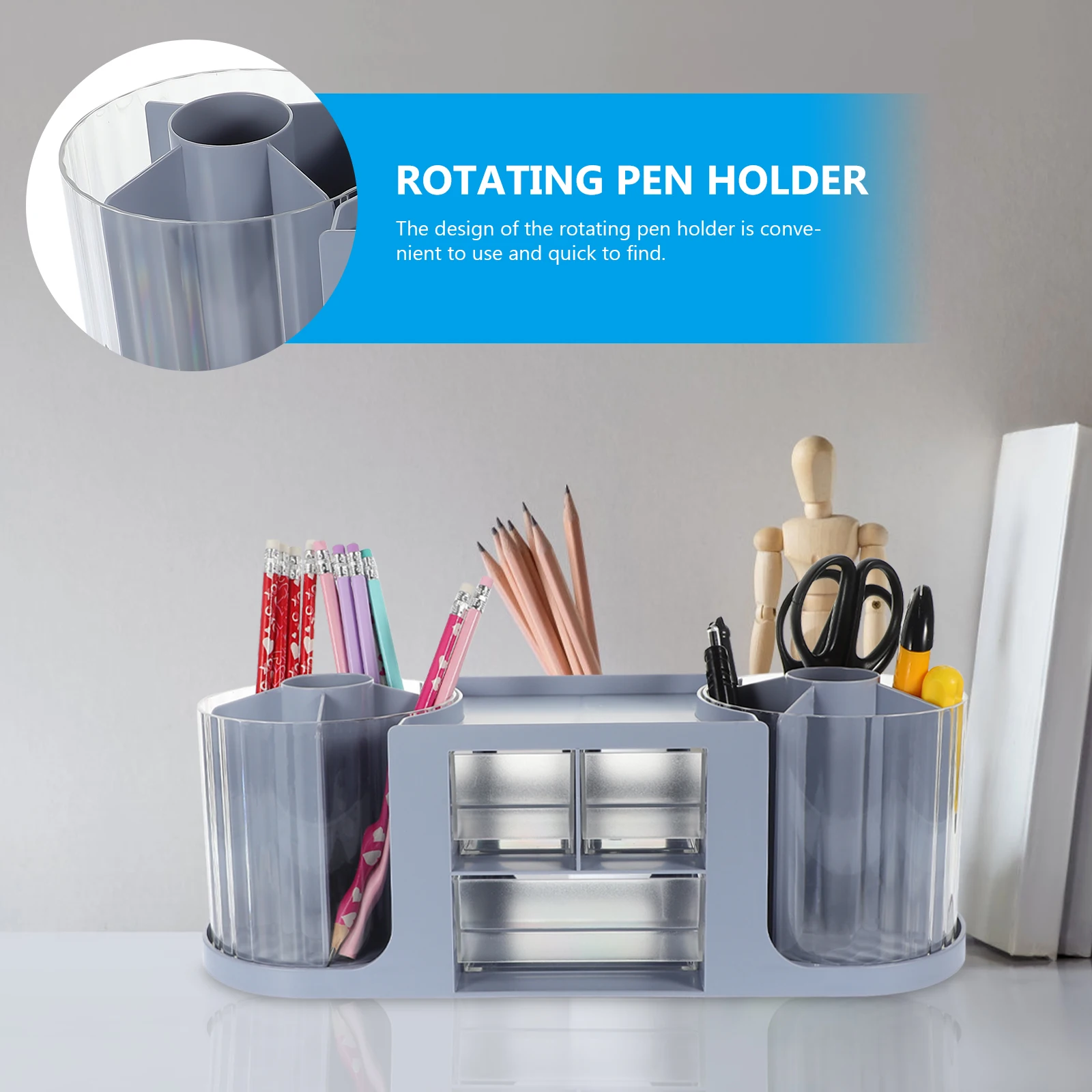 

1pc Double Rotating Pen Holder Desk Drawer Desktop Organizer Storage Box Blue File Stationery Container Office Home