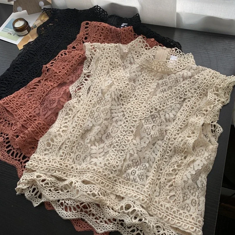 Women\'s Elegant Lace Blouse Shirt Short Sleeveless Crochet Hollow Out Mesh Tops