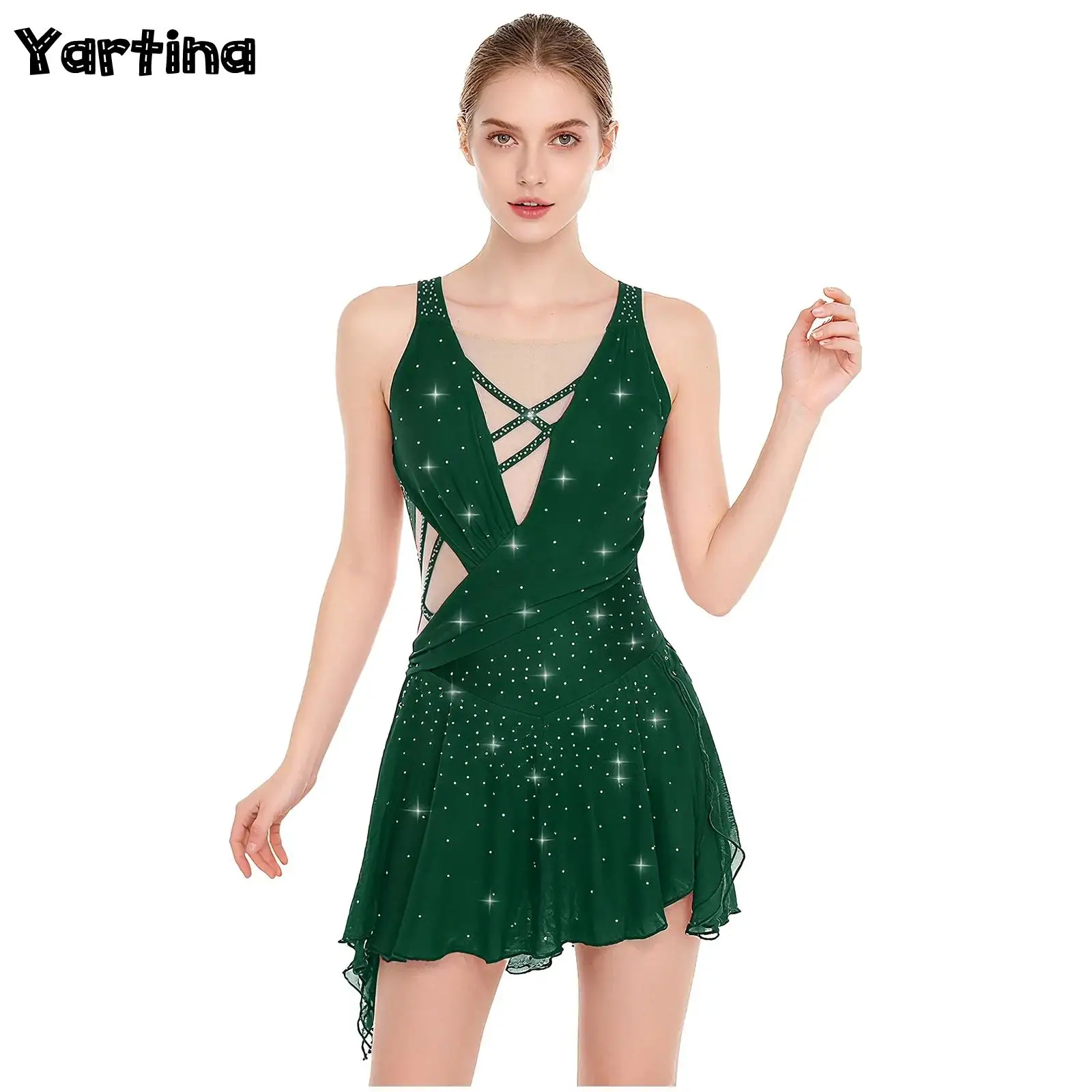 

Womens Gymnastics Artistic Figure Skating Ballet Lyrical Dance Leotards Dress Rhinestones Built -In Crotch Buttons Briefs Dress