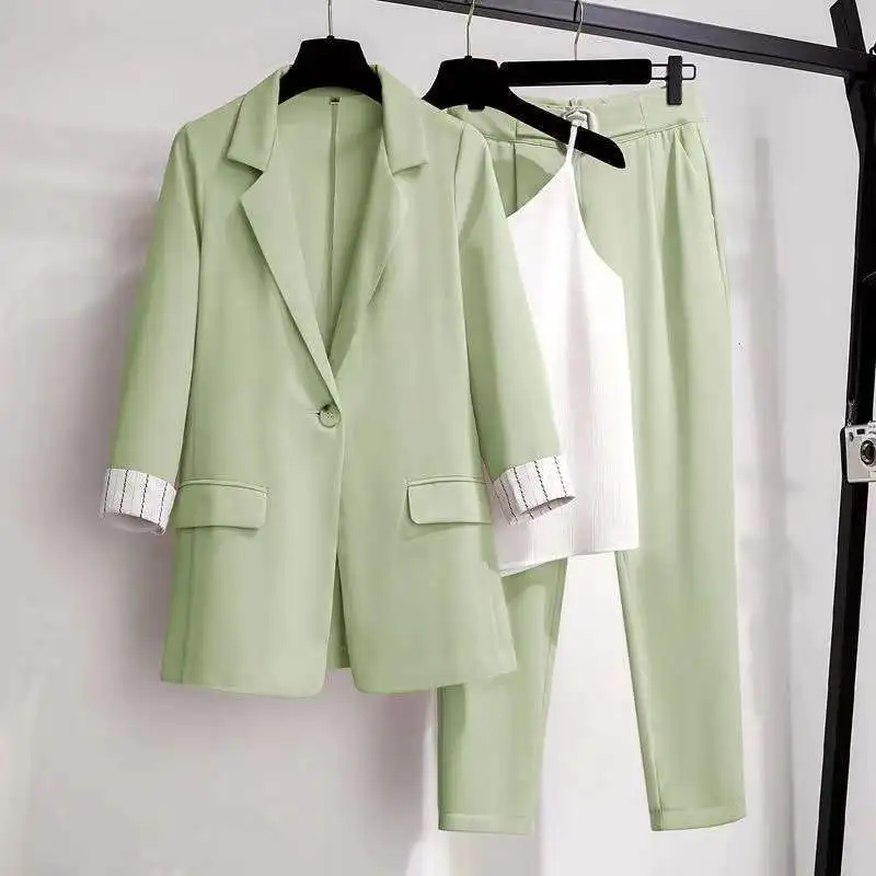 Korean Women Leisure Solid Thin Seven Points Sleeve Three Piece Set Women Blazers And Pant Set Female Outfit Loose Suit