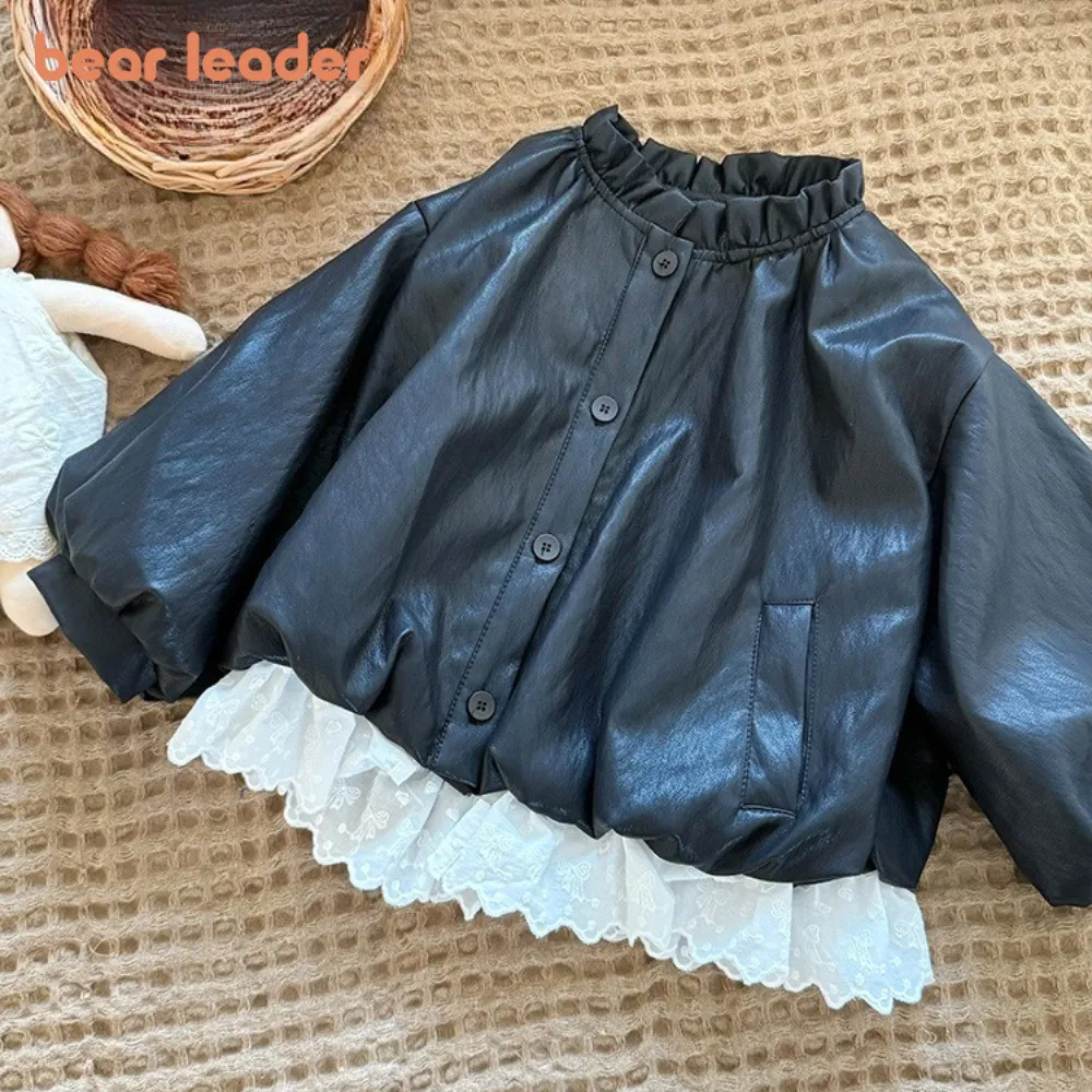ベアリーダー-ファッション-ストリートスタイル-レース-パッチワーク-レザー-ジャケット-2025-春秋新作-韓国風-プレーン-ガールズ-アウターウェア
