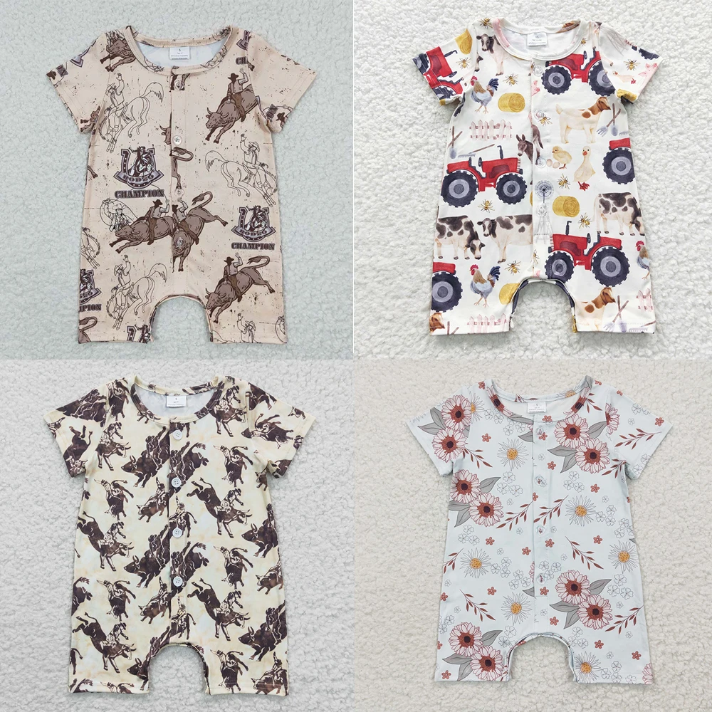 Wholesale Newborn Western Baby Boy Romper Summer Clothing Button Up Short Sleeves Jumpsuit Kid Toddler Cow One-piece New Clothes