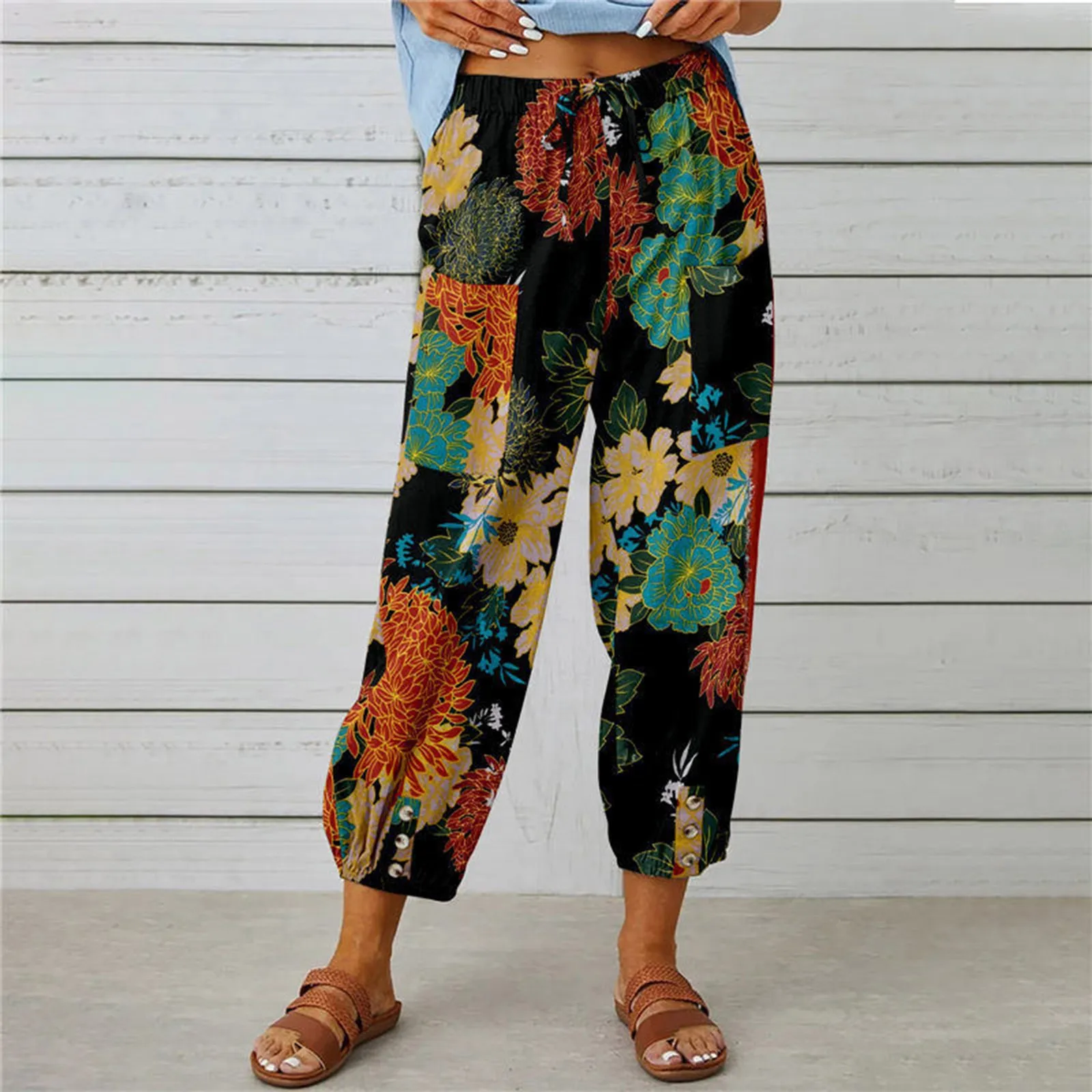 Boho Holiday Casual Loose Long Pants Colorful Print Beach Trousers Retro High Waist Drawstring Harem Pants Pantalones De Mujer