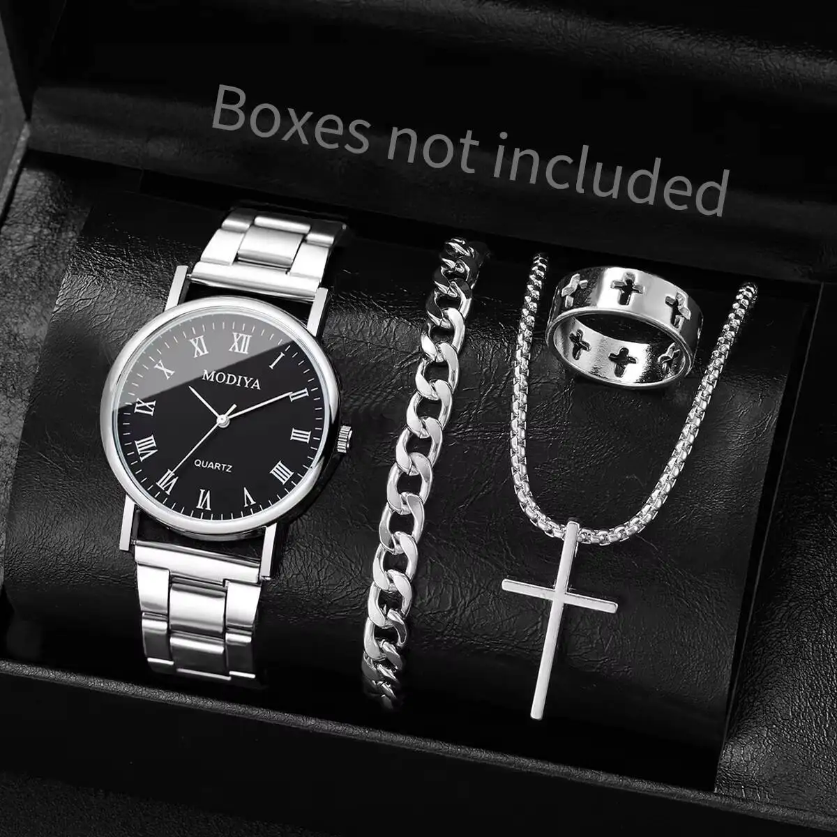 4PCS/Set Fashion Men Business Watches Simple Roma Dial Quartz Wristwatch Jewelry Set Reloj Hombre（Without Box）