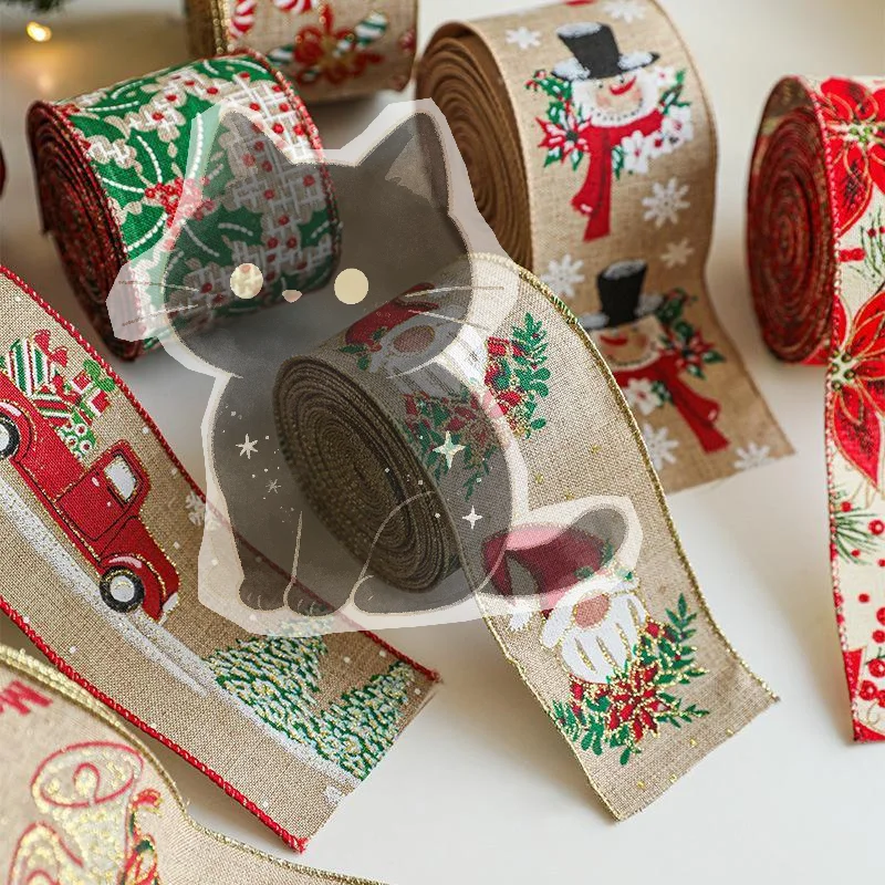 2M Linen Christmas Ribbon Xmas Tree Printed Gift Packing Strap for DIY Craft Holiday Party Home Decoration