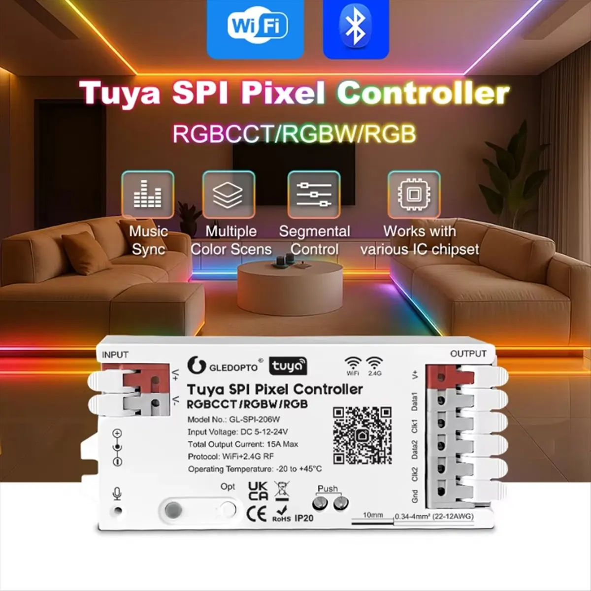 A003  Tuya SPI Pixel LED Controller RGBCCT RGBW RGB Dynamic Light Sync with for Smart Life, Assistant, WiFi-206W