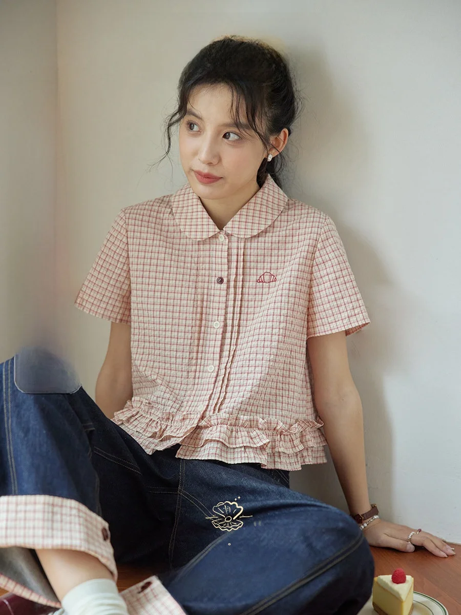 

Nov Elist Plaid Shirt Women's Short Sleeve Doll Collar Double Layer Hem Vintage Style Loose Fit Cotton Polyester Blend