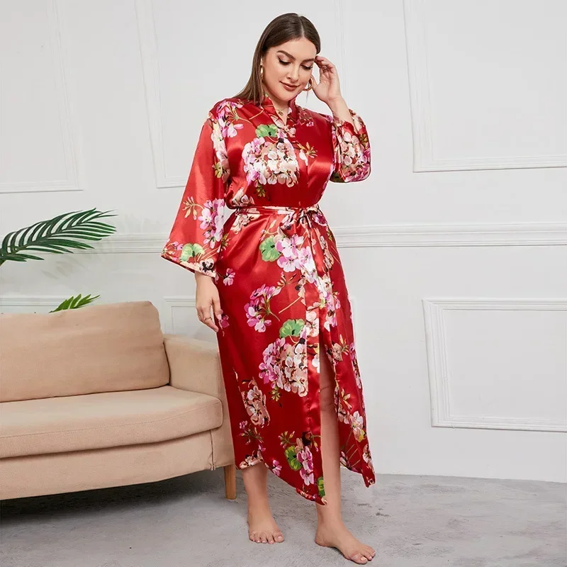 

Spring/Autumn Women's Plus Size Daily Fashion Oversized Artificial Silk Satin Comfortable Micro Elastic Long Sleeved Pajamas