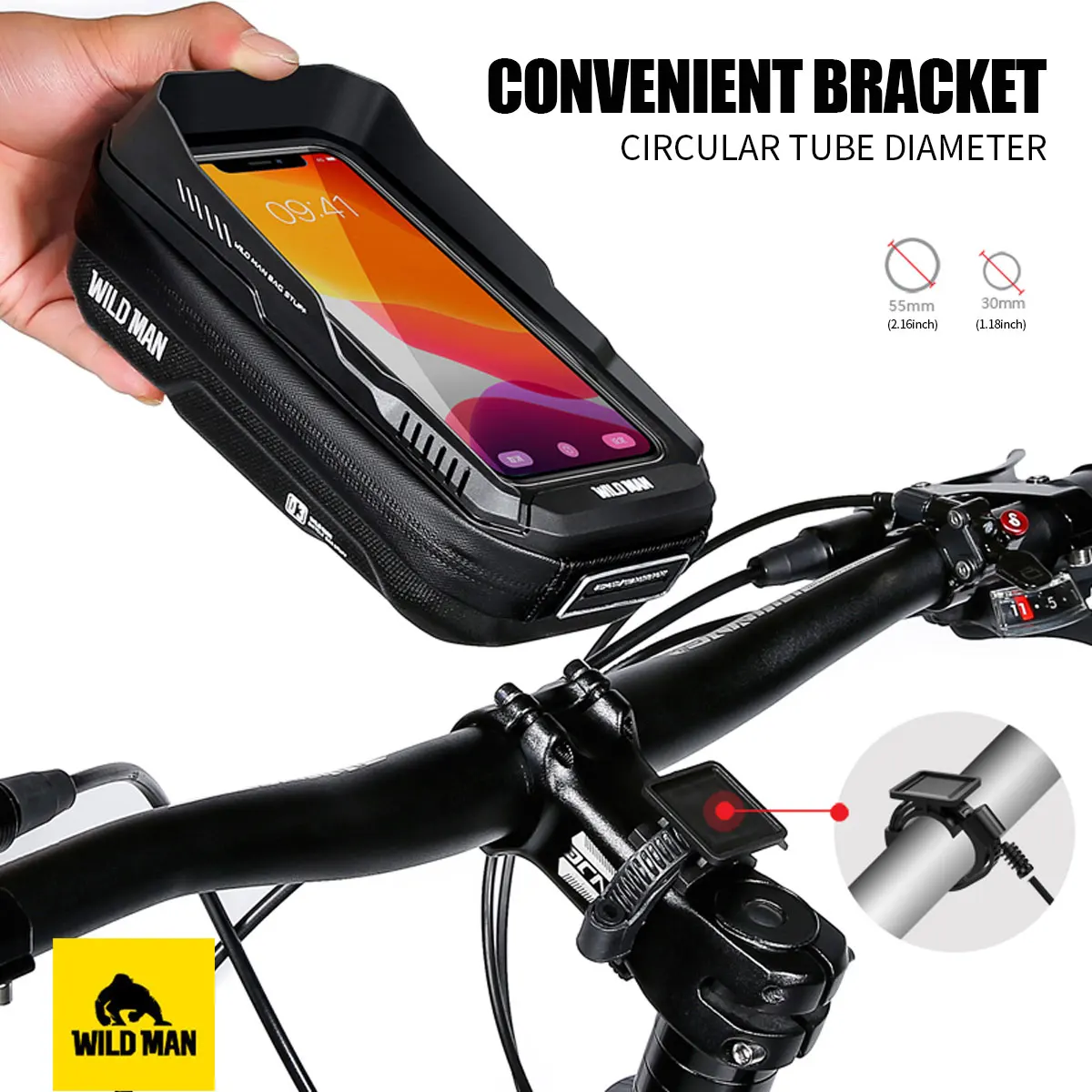 WILD MAN XT3 Mountain Road Bike Handlebar Bag with Phone Holder, Touch Screen Pouch, Outdoor Waterproof Stem Top Front Pack