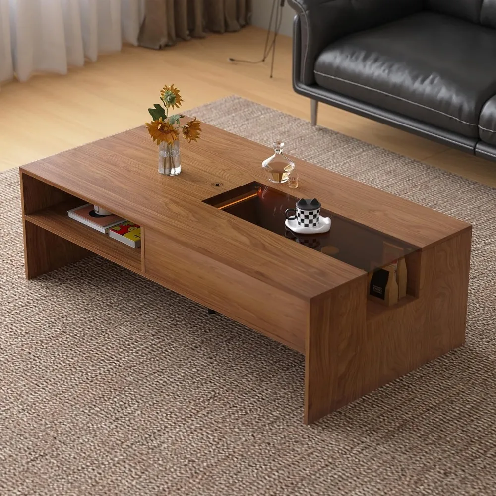 Mid-Century Modern 51.18 Coffee Table with LED Light & Storage, Versatile Living Room Table for Home Decor & Organizing, Stylish