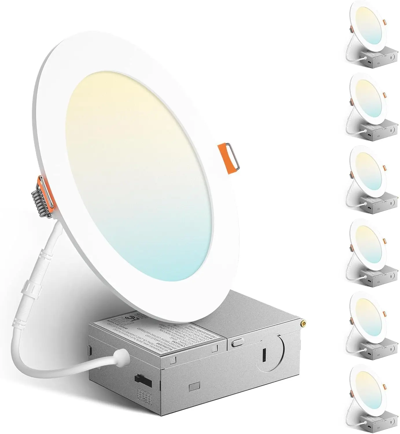 

6 Pack 6' LED Canless Downlight, 12W (110W Eqv), 1050LM, 2700K-5000K Dimmable, Metal Junction Box, Plastic Trim, ETL & FCC