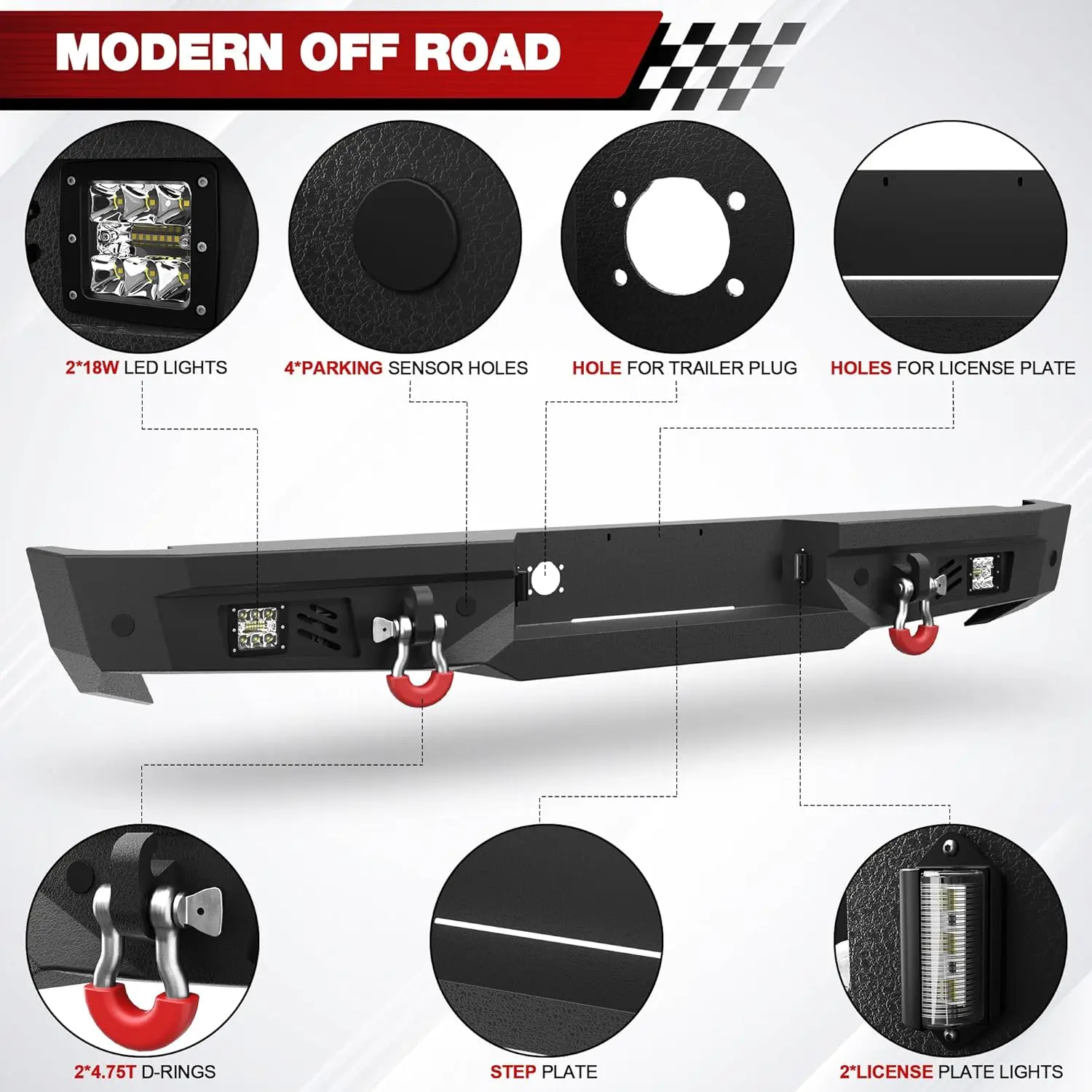 Rear Bumper for 2003-2009 Ram 2500/3500 & 2002-2008 Ram 1500, w/Step Plate, Fog Lights, License Plate Lights and D-rings