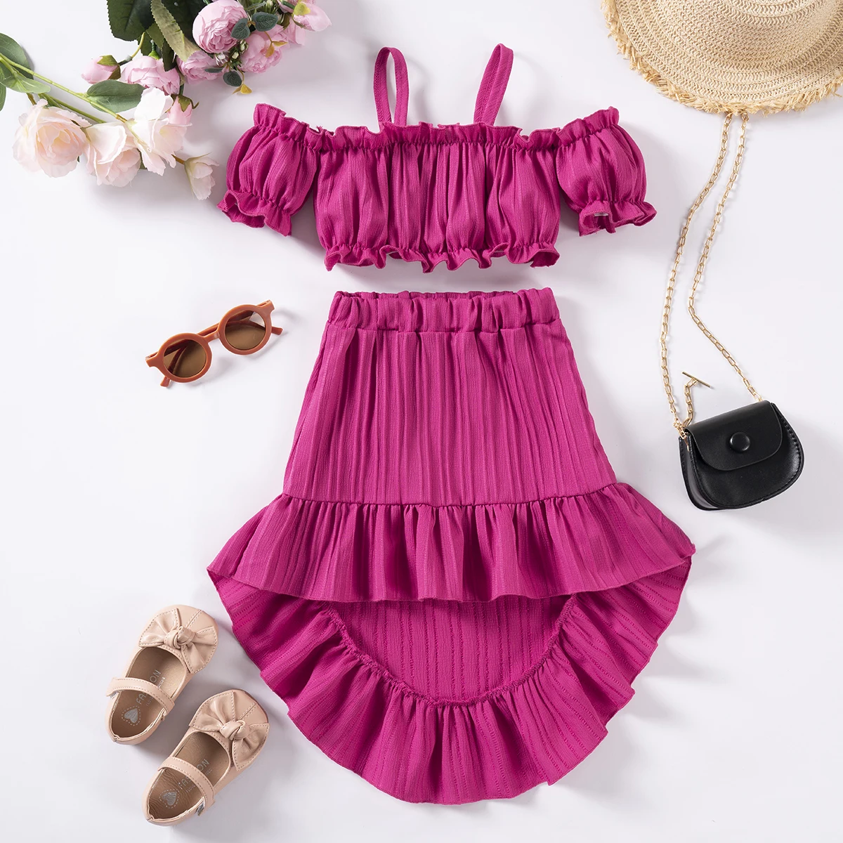 2pcs Toddler Girls Solid Color Trendy Outfit Off-Shoulder Top & Ruffle Trim Skirt Baby Girl's Clothes for Summer Beach Vacation