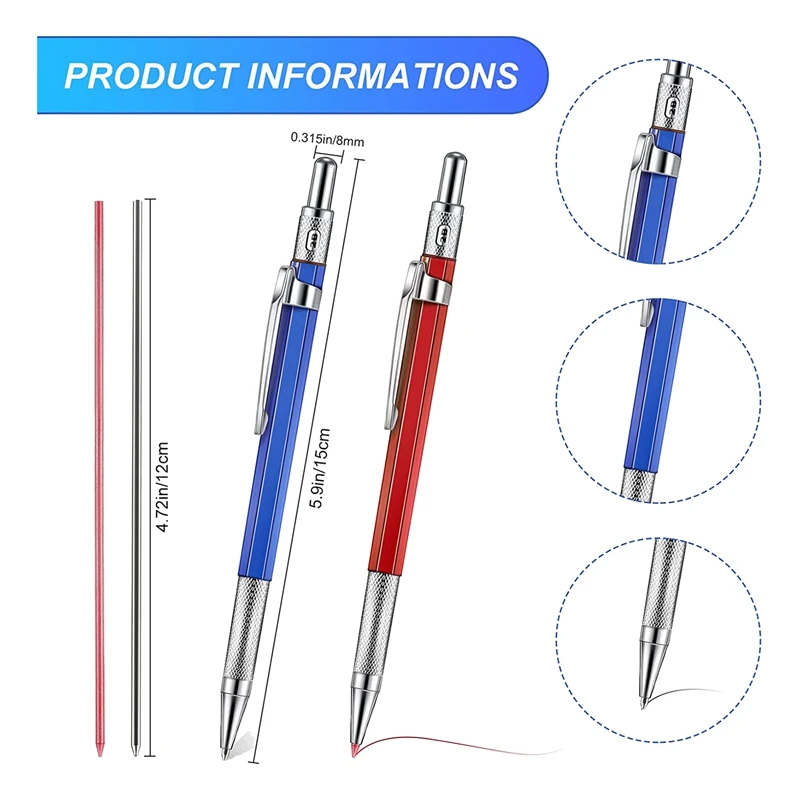 Lápis mecânico dos soldadores da raia de 2 pces com 24 pces 2mm recargas com o apontador incorporado lápis do carpinteiro