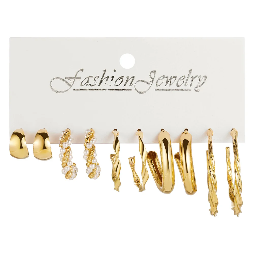 LATS Boho Big Circle Hoop Earring Set for Women Gold Color Bohemia Vintage Pearl Square Earring Heart Zircon Ear Studs Jewelry 11