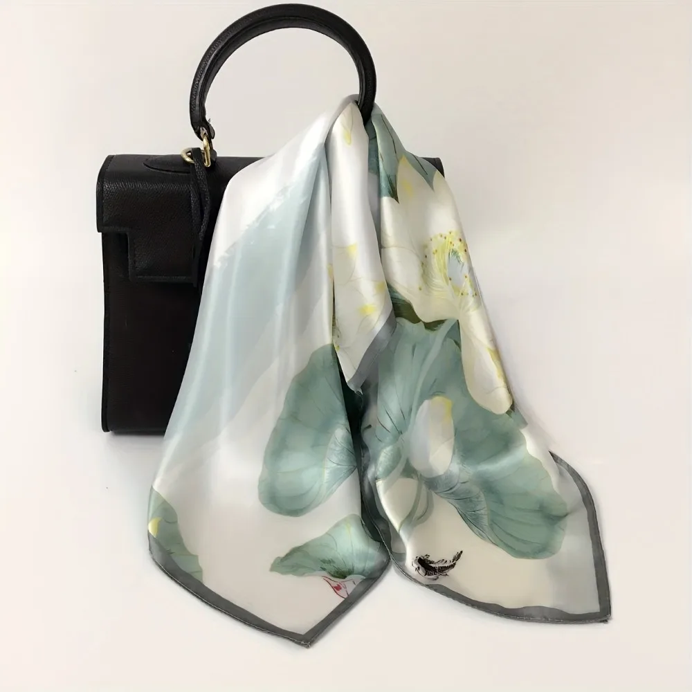 1pc of 21.65-Inch Light Green Chinese Retro Women'S Silk Square Scarf, Silk Neck Scarf Headscarf, Ink Painting Lotus An - Detail 1