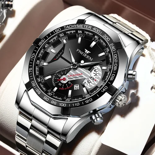 남성용 야광 달력 패션 비즈니스 시계, 스테인레스 스틸 실버 블랙 스포츠 쿼츠 손목 시계