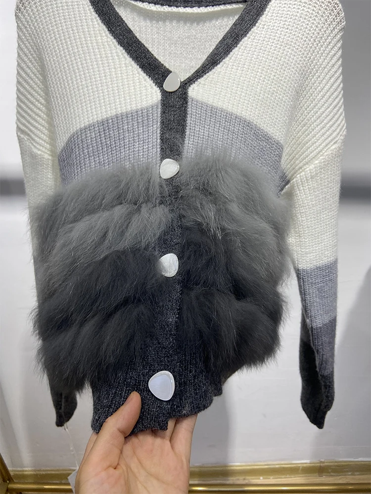 2025 mujeres piel de zorro Real decoración exterior niña otoño colorido suéter tejido abrigo de manga larga