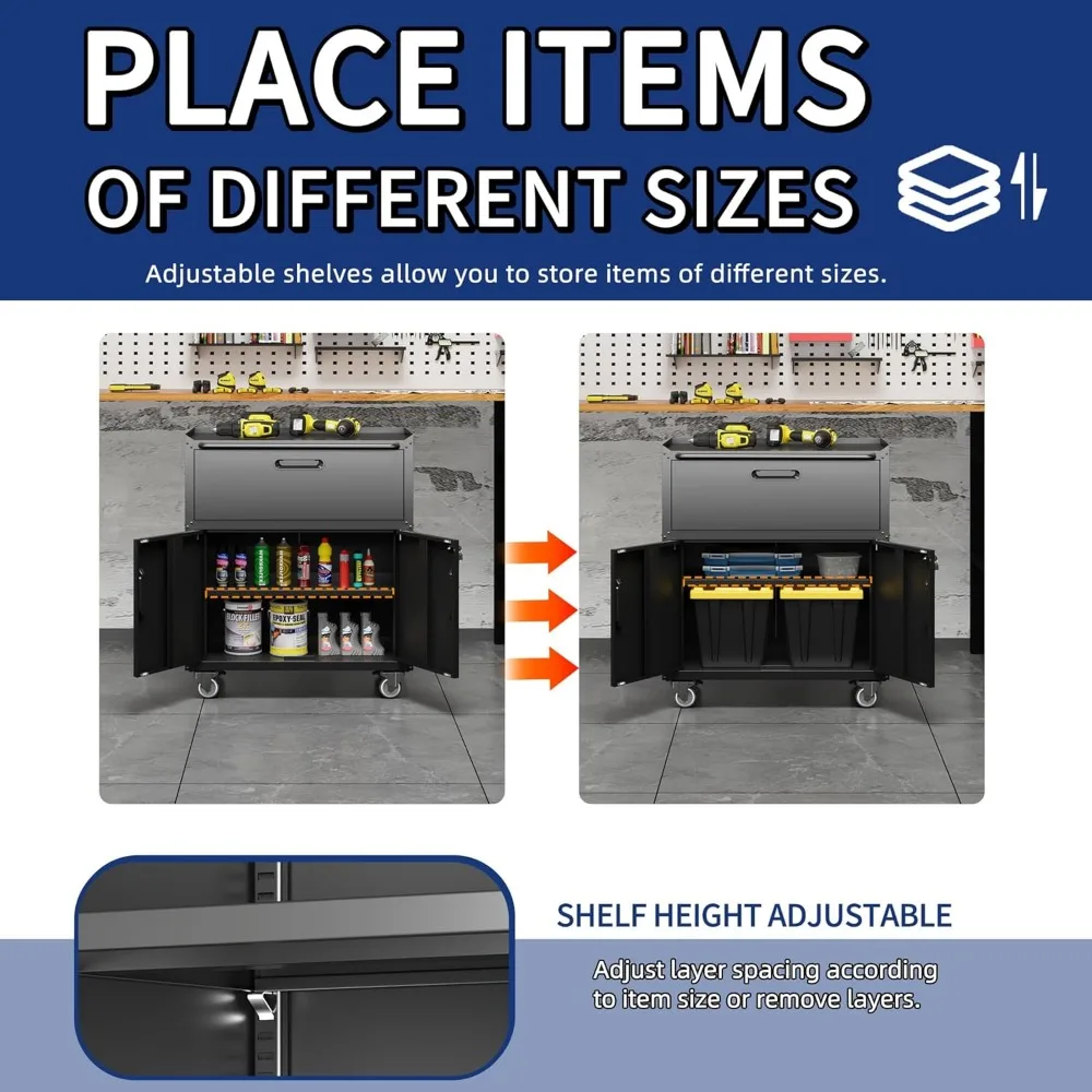 Rolling Tool Cabinet with Wheels, Tool Cabinets with 2 Door and 1 Drawer for Garage, Tool Room, Assembly Required
