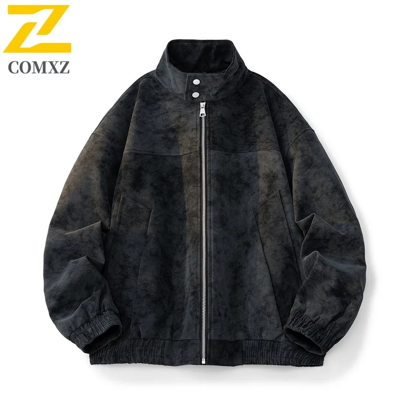

COMXZ Men Leather Jacket Comfort Stand Collar American Style Lightweight Coat Street Style Windproof Autumn Motorcycle Jacket