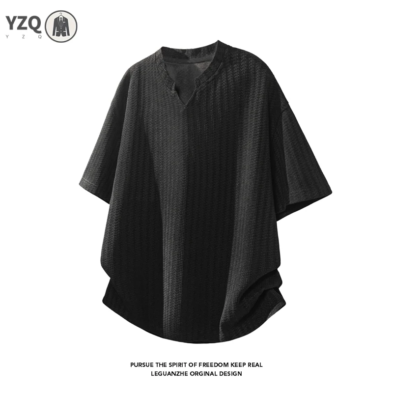 Men Oversized Curved Hem Short Sleeve T‑Shirt Notched Neck Vertical Striped Knit For Summer Street Wear And Home Relax Use