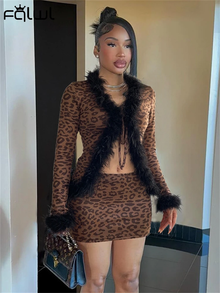 Habbris Winter Womens Leopard Print 2 Piece Set Y2K Party Outfits 2024 Faux Fur Fuzzy Long Sleeve V-Neck Crop Top+Matching Skirt