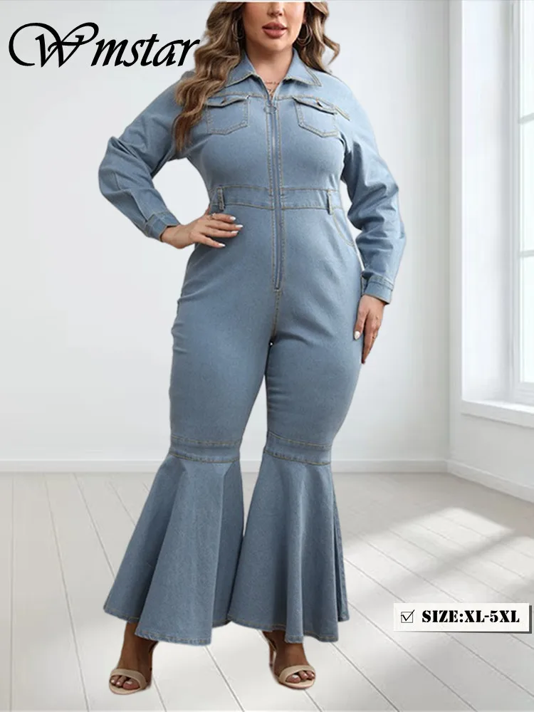 Wmstar Plus Size Denim Romper Women Solid Long Sleeve Leggings Office Lady Flared Zipper Jumpsuit Summer Wholesale Dropshipping