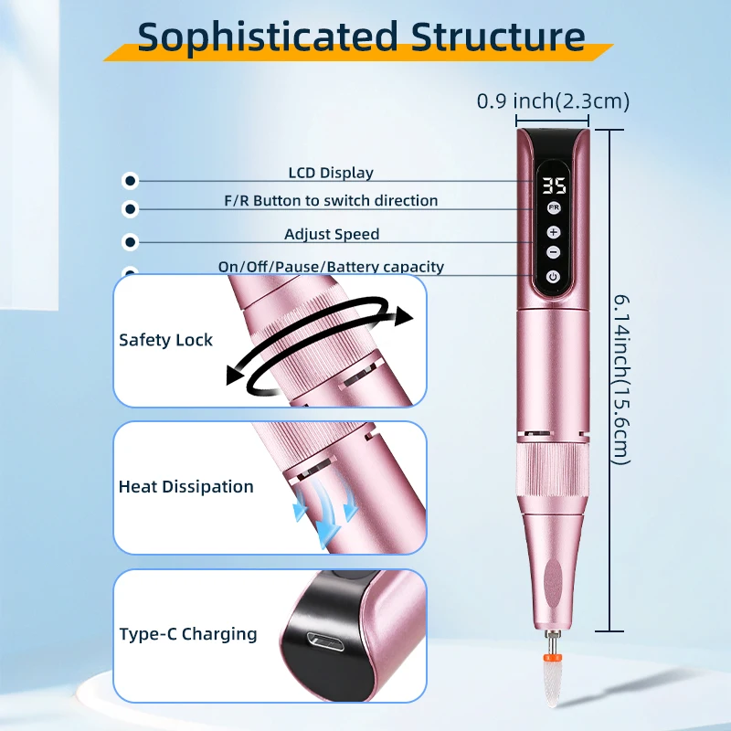35000RPM Bezprzewodowy wiertło do paznokci USB Plik do polerowania Pióro do paznokci Akumulator Wiertarka do paznokci Przenośne narzędzie do wiertła do manicure