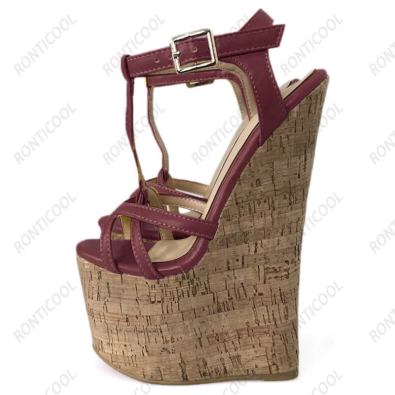 Ronticool Handmade Women T-strap Sandals Ultra High Wedges Heels Round Toe Classics Black Dress Shoes Ladies US Plus Size 5-15