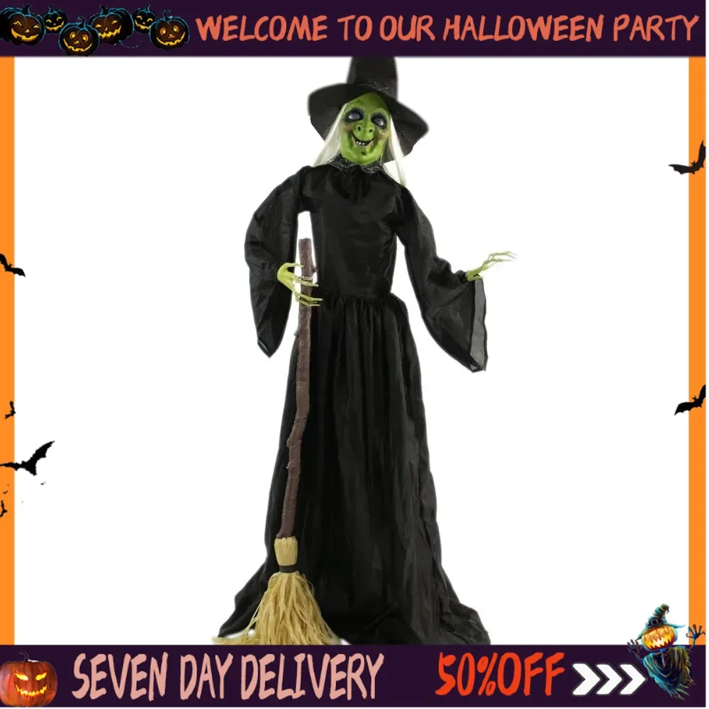 

Halloween Decoration 71-in. Witch with Broomstick Halloween Animatronic, Indoor or Covered Outdoor and Talking Animated Prop