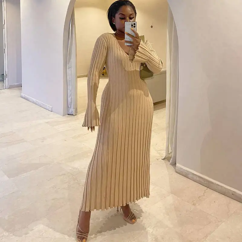 Cross Border Autumn Winter New Knitted Dress Casual Waist Cinched V-neck Big Pit Stripe Slimming Knitted Long Skirt for Women