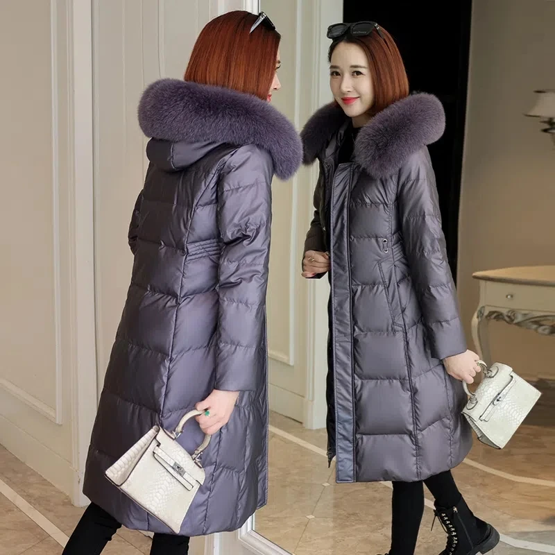 New Fashion Glossy Down  Women's Long Knee-length Korean Version Loose Slim Fox Fur Collar Temperament Winter Coat Tide5XL